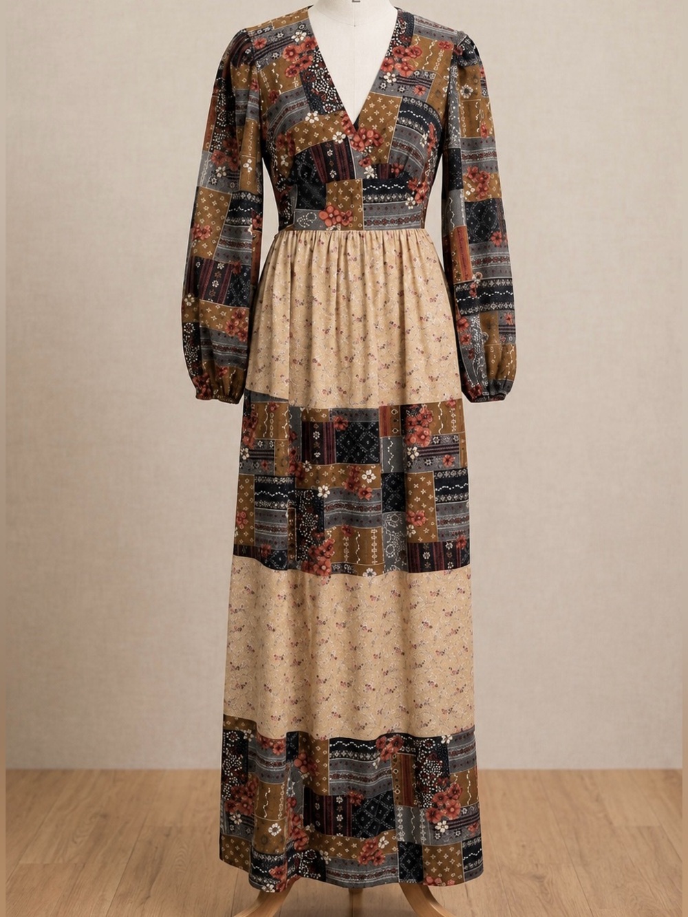 Vintage Prairie Dress Hippie Patchwork Print Maxi Festival Boho Folk 70s XS